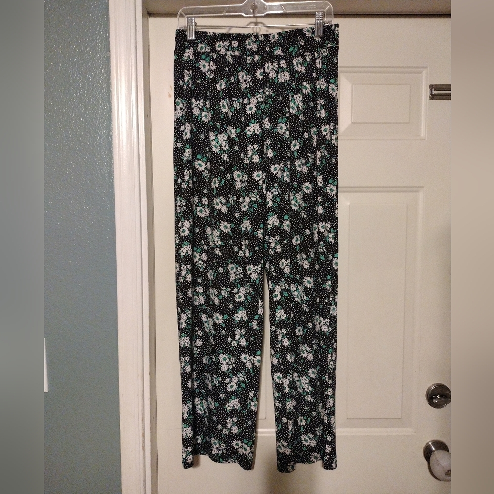 Messini Women's Black/White/Green Floral/Dots Pull On Stretch Pants Size Medium